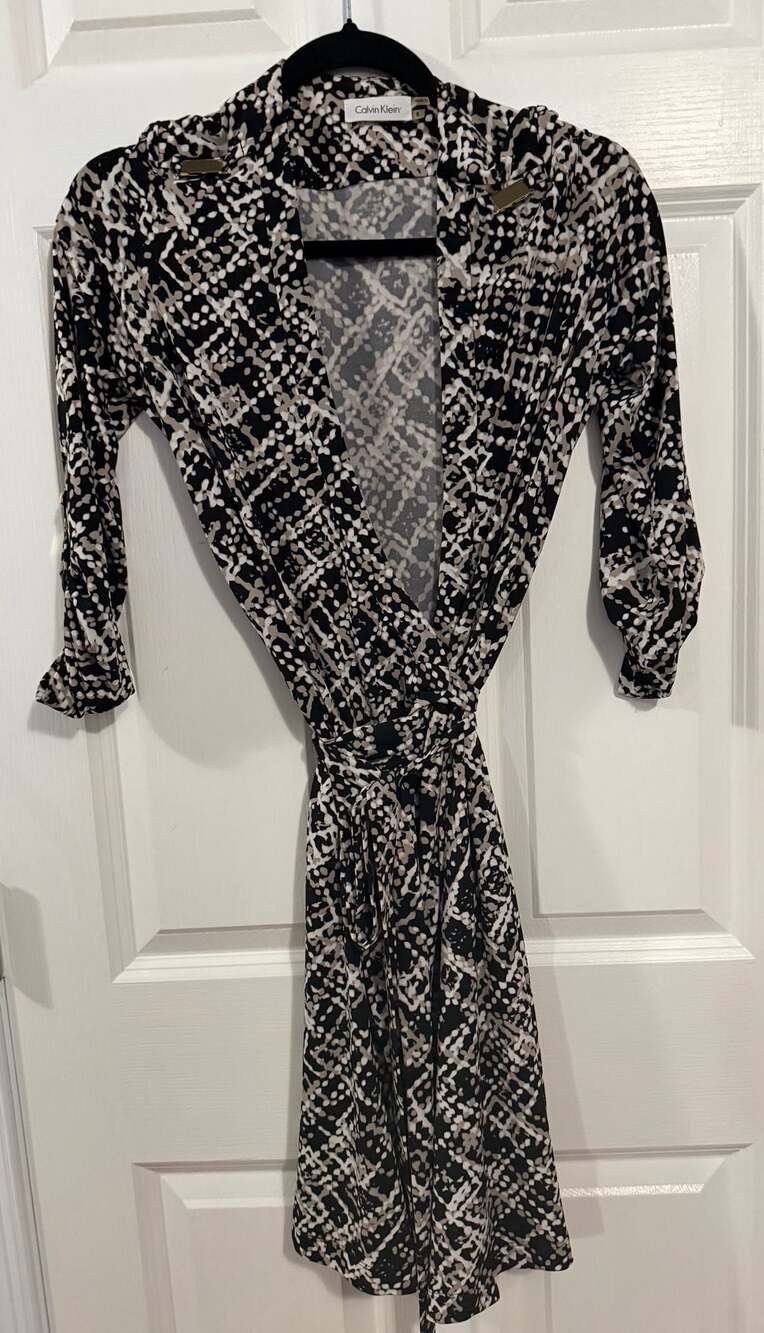 Calvin Klein Abstract Print Faux Wrap Dress with Gold Shoulder Hardware